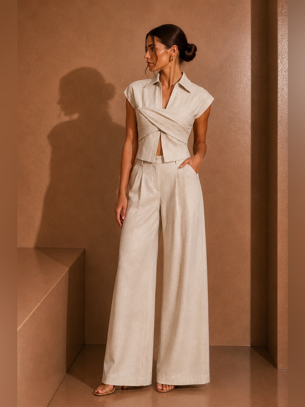 Commense Cream Wide-Leg Pants with Draped Crop Top